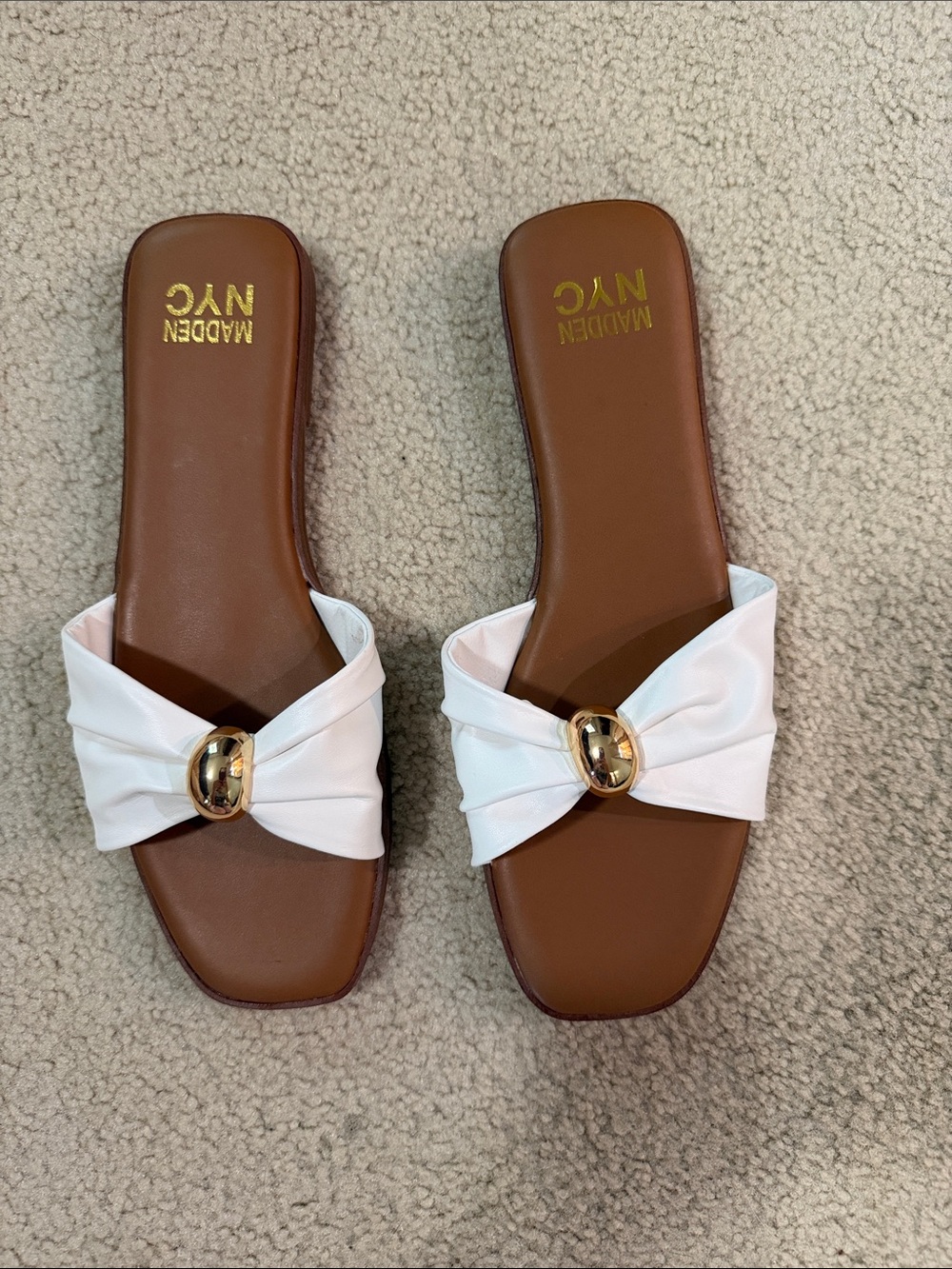 Madden NYC White Slide Sandals with Gold Accent